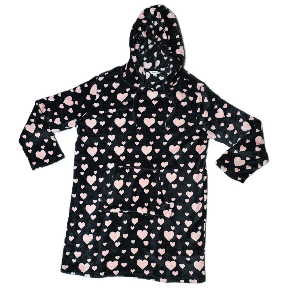 Wildfox Black Pink‎ Heart Plush Hooded Lounge Dress S/M (X)